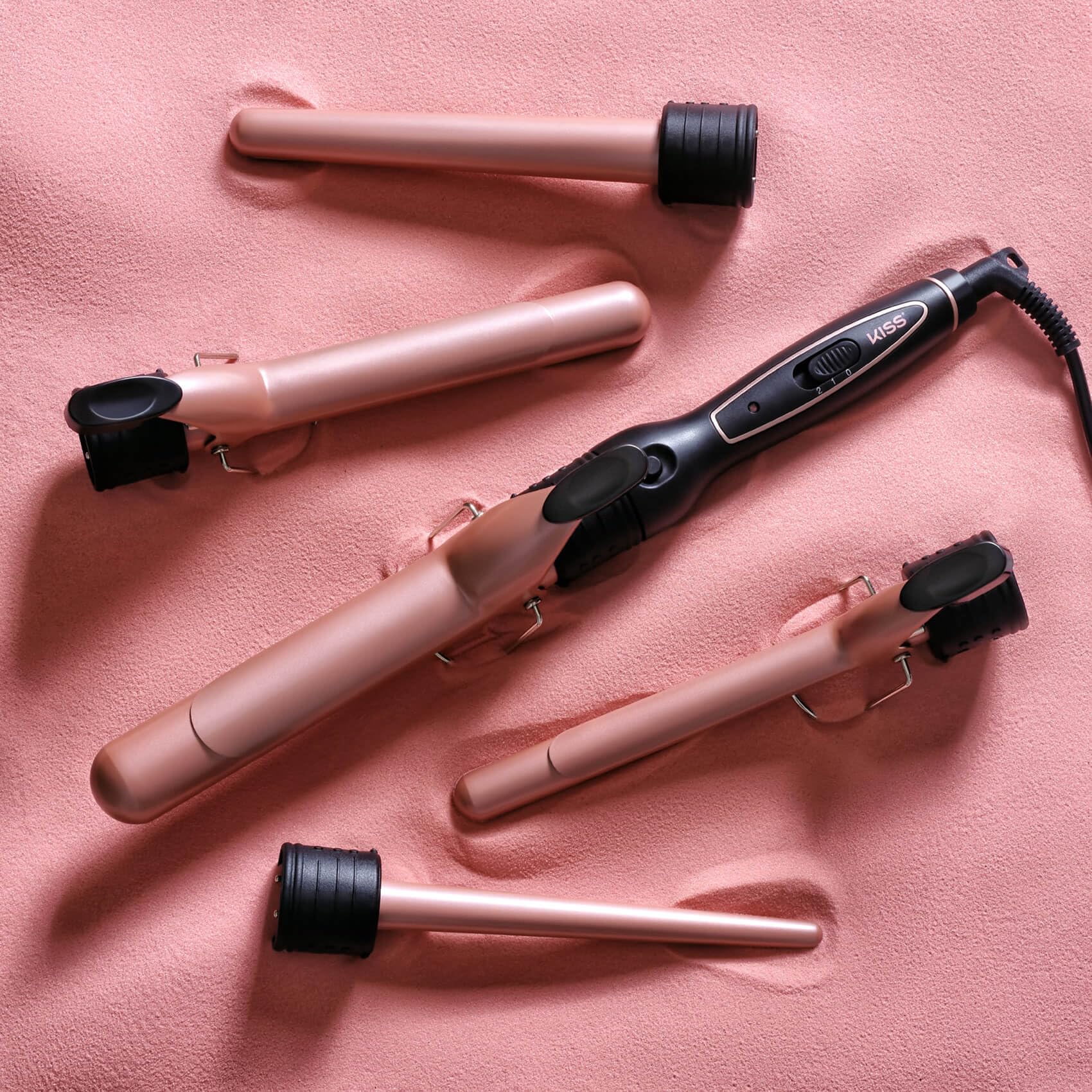 Kiss Products 5 in 1 Interchangeable Ceramic Tourmaline Curling Wand and Iron set with Heat Resistant Glove- Dual Voltage 110-120V Curling Iron Set For All Hair Types